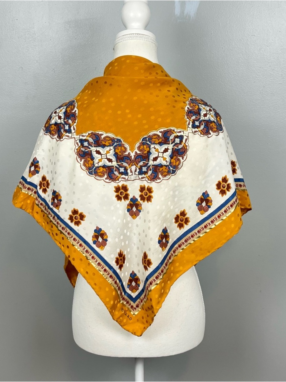 Vakko 100% silk mustard yellow blue gold rolled hem scarf.
